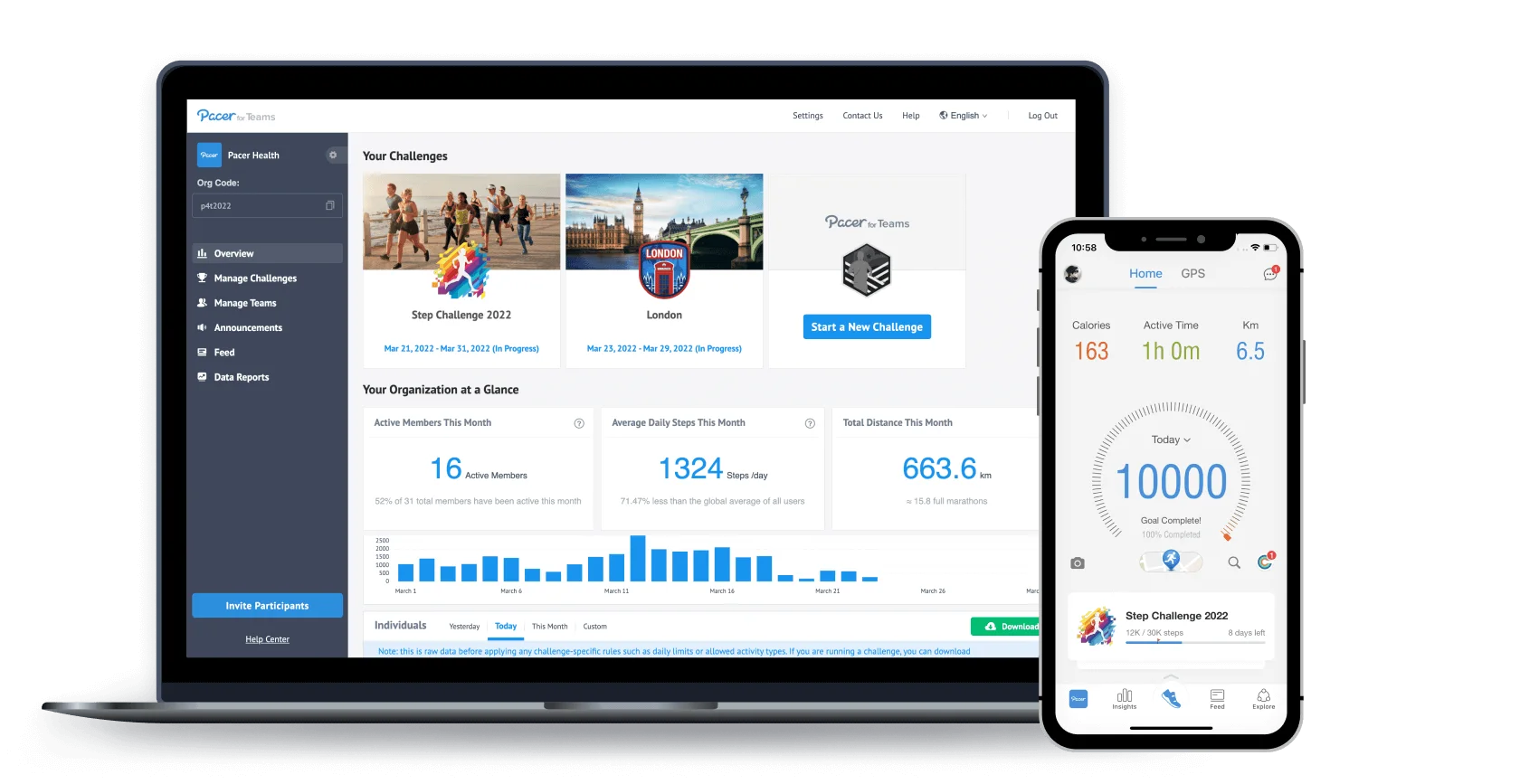 Pacer for Teams admin portal and app view