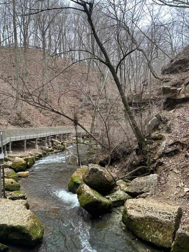 walking near me in Spring Mill State Park in winter