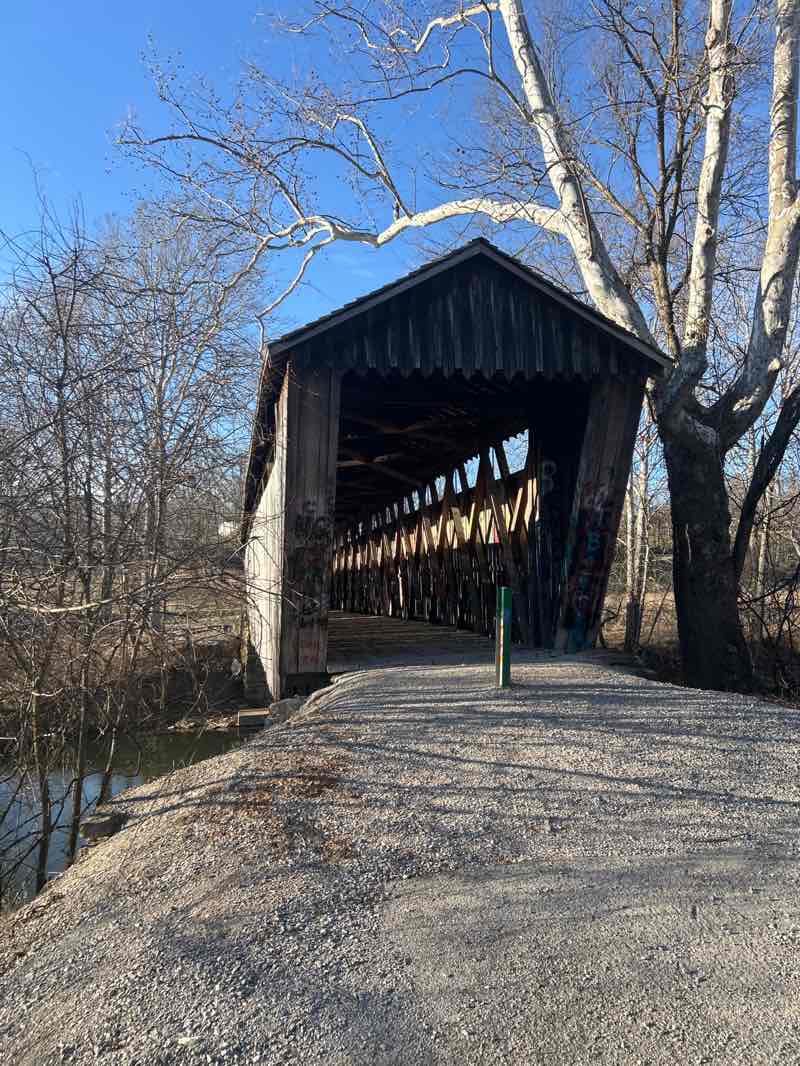 walking near me in Historical Switzer Covered Bridge Park in winter