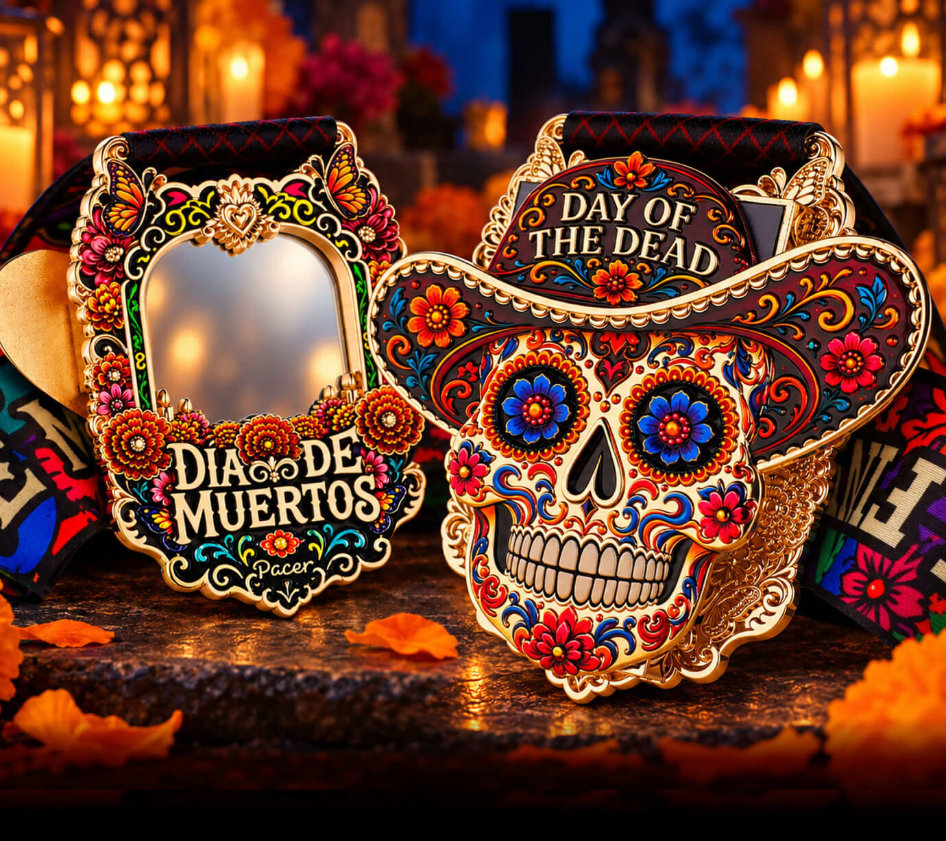 Day of the Dead medal with a decorative frame and colorful skull presentation box