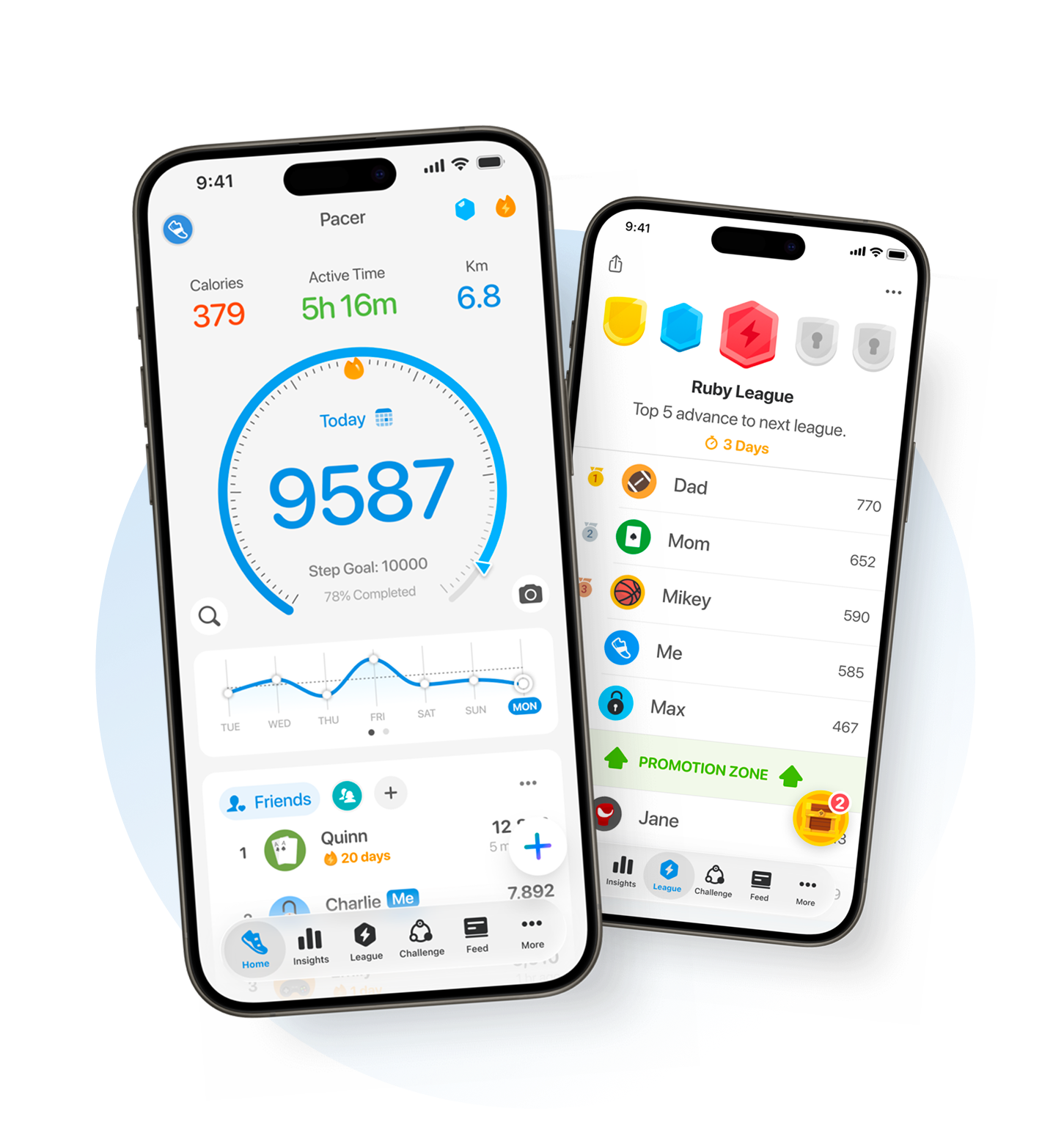 Pacer daily step tracker and activity dashboard on two phones