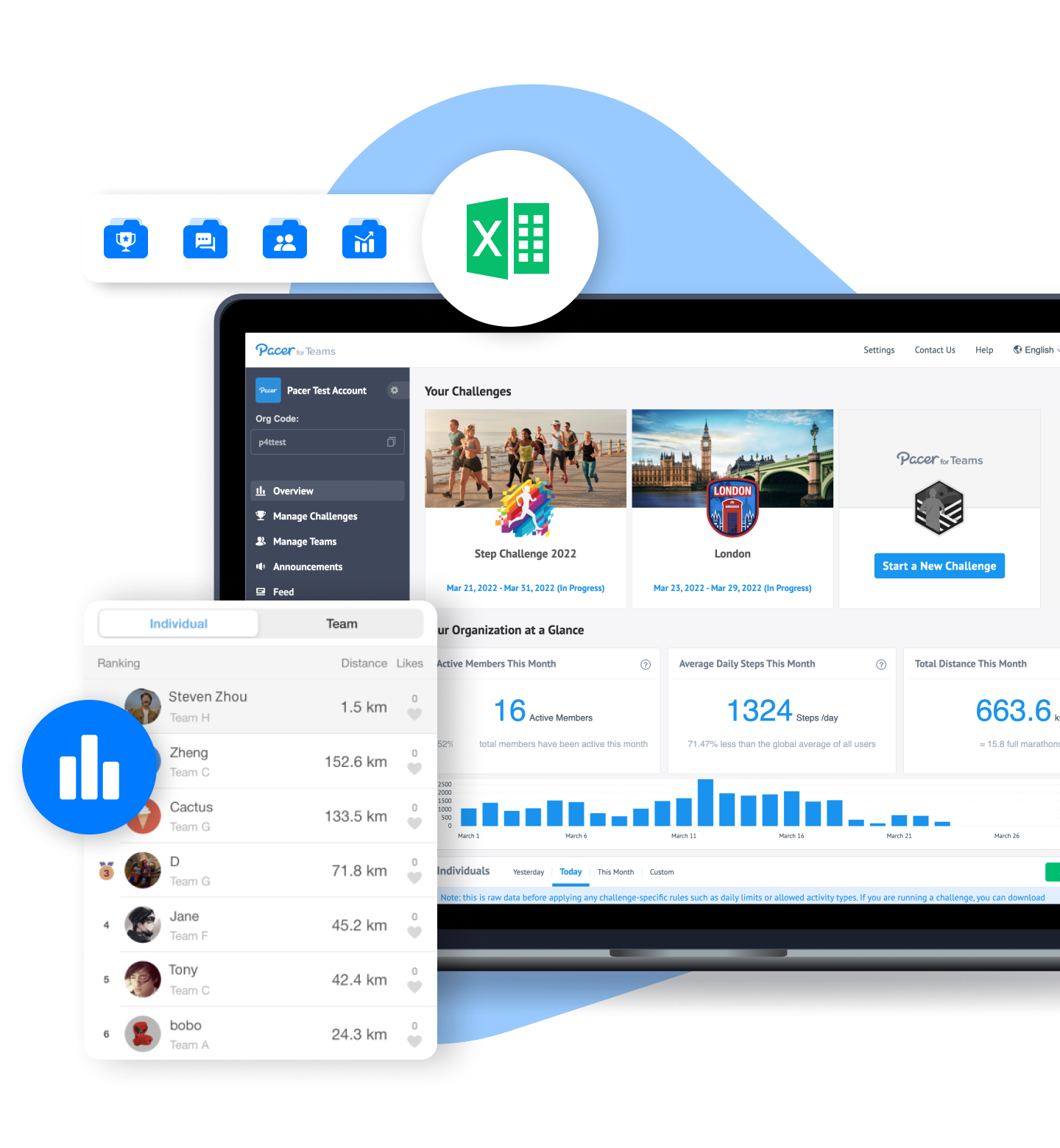 Pacer for Teams workplace challenge portal and leaderboard