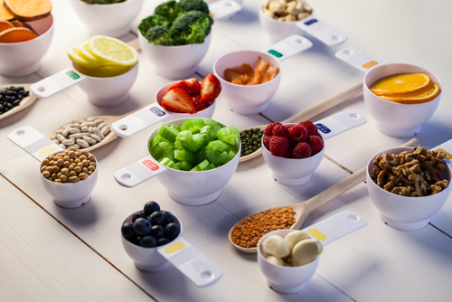 Portions of grains, fruits & veggies in measuring cups