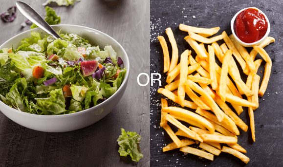 Salad vs fries health food vs fast food concept