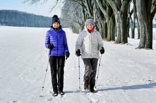 Women taking a long Nordic walk in the snow