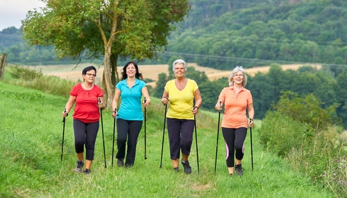 Senior women nordic walking in a field