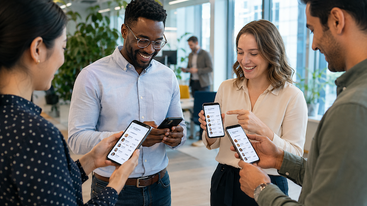 Employees checking a workplace step challenge leaderboard together on their phones