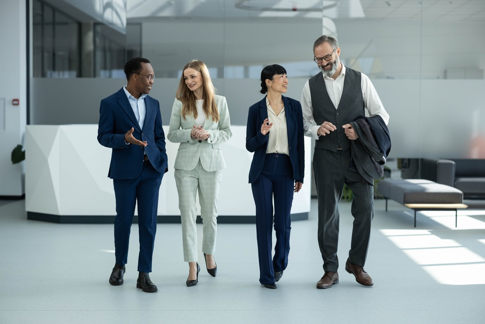 Employees walking together during a workplace step challenge