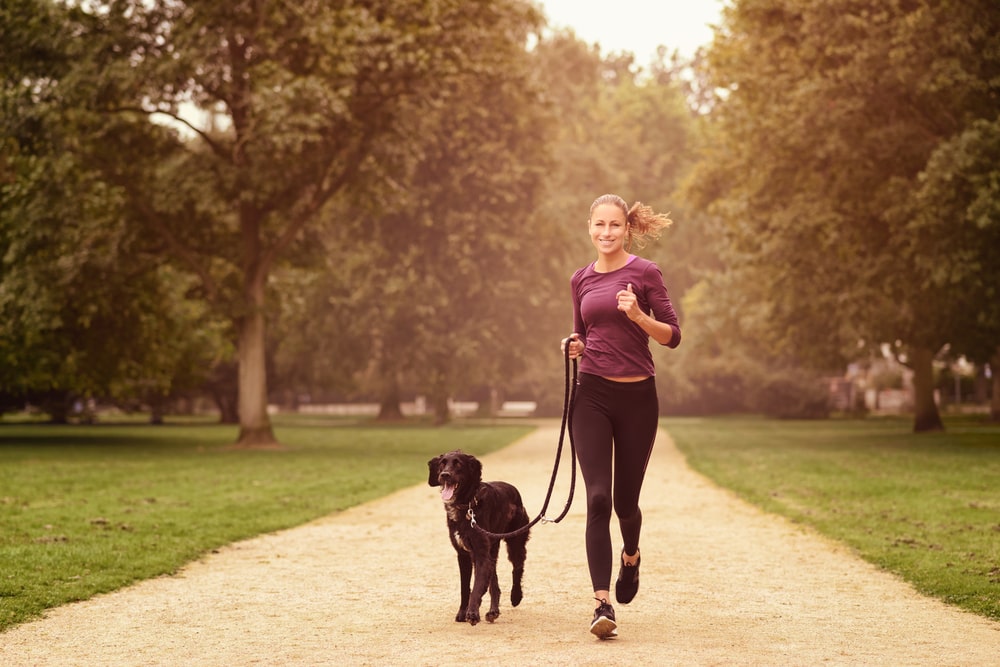 Athletic woman walking dog in a park
