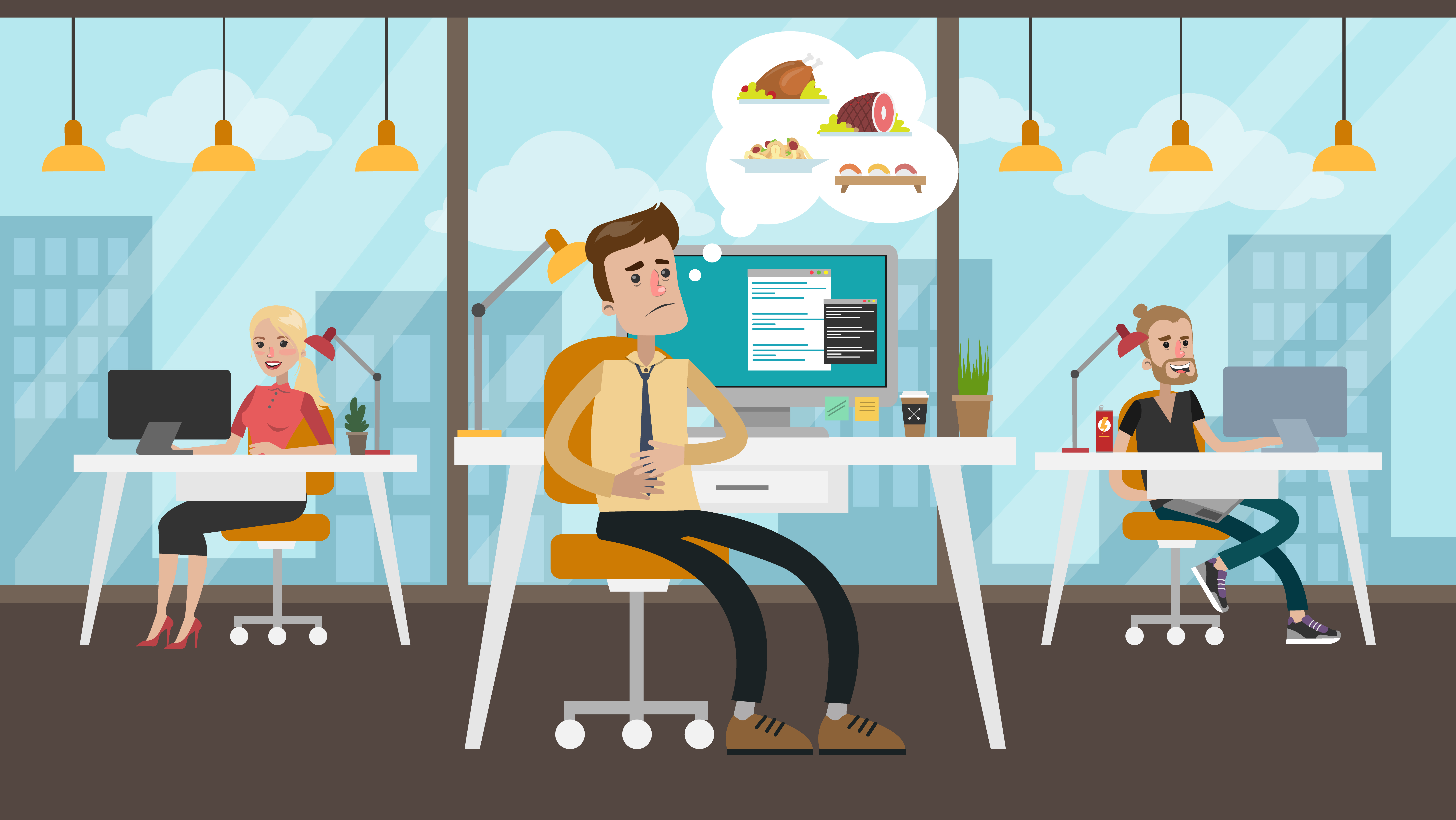 hungry worker thinking about food