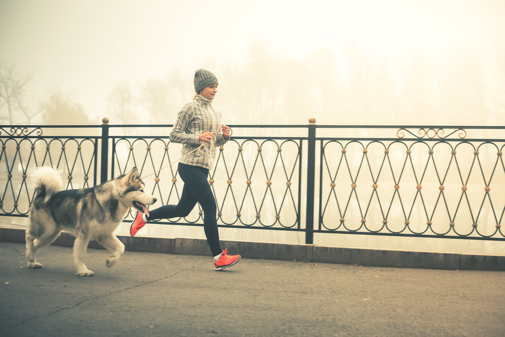 Woman walking in morning with dog