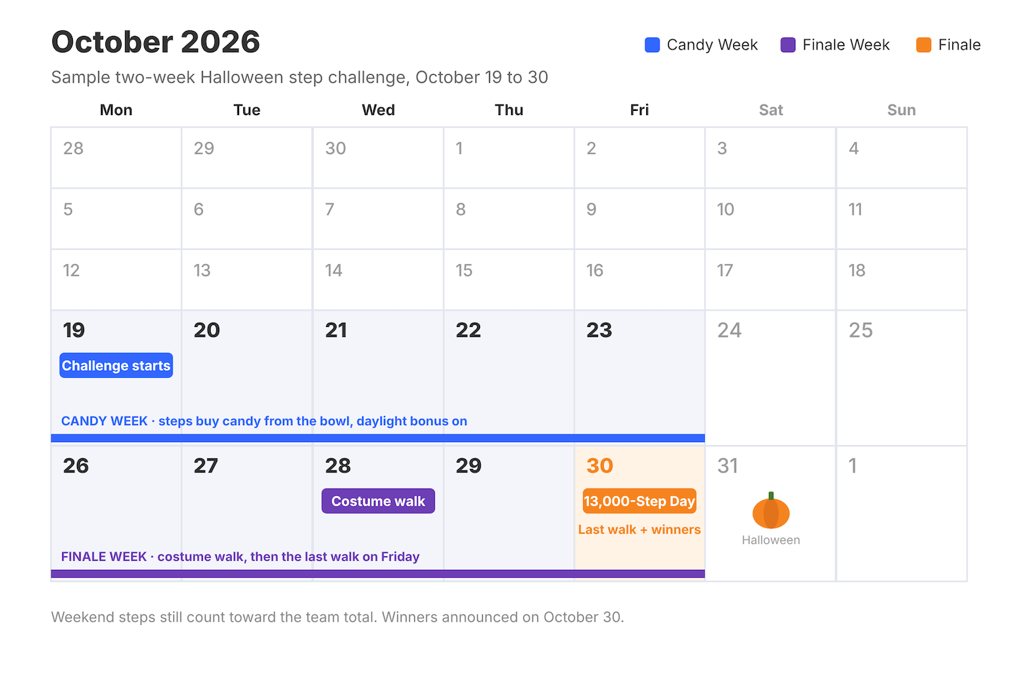 Sample October step challenge calendar with weekly themes and Halloween mini-events marked