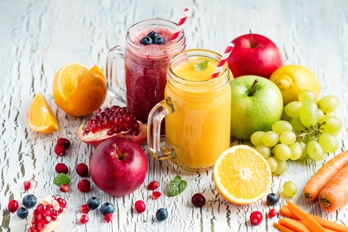 Colorful healthy home made fruit and juices