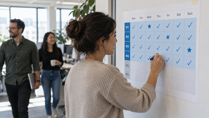 Team marking progress on a four-week step challenge calendar at the office