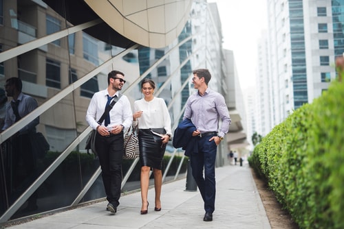 Employees walking outside during lunch break