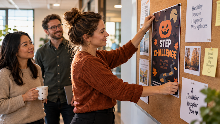 An HR manager pinning a Halloween step challenge poster on an office notice board