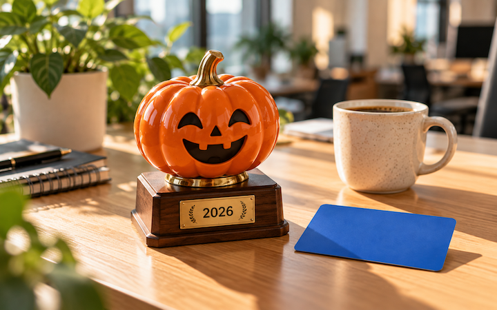 A small pumpkin trophy for the winning step challenge team on an office desk next to a gift card