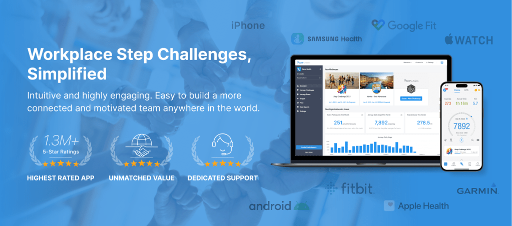 Pacer for Teams — workplace step challenges simplified, with admin dashboard, mobile app, and fitness-tracker integrations (Fitbit, Garmin, Apple Health, Google Fit, Samsung Health).