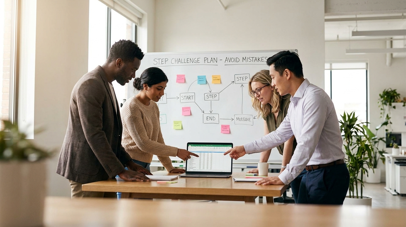 Coworkers planning an office step challenge together to avoid common mistakes.
