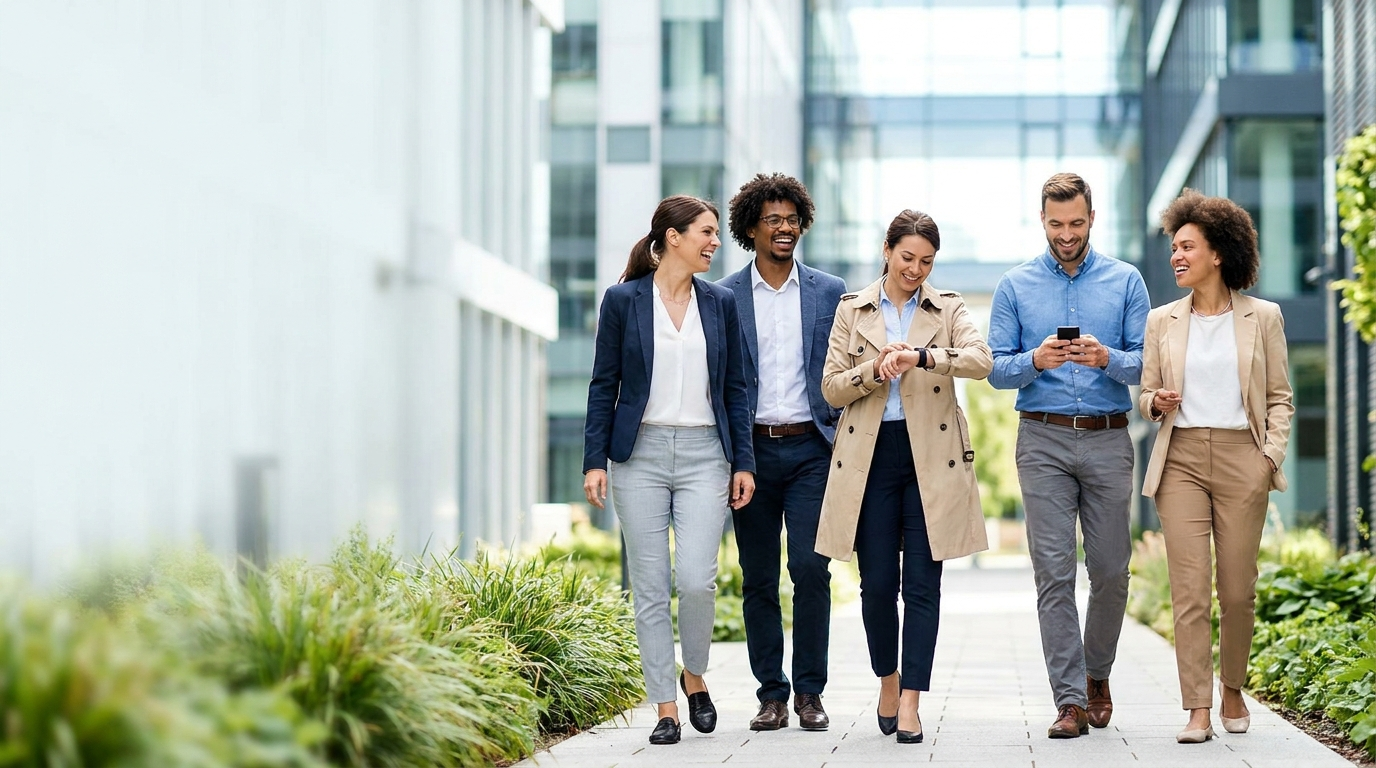 coworkers taking part in a workplace step challenge.