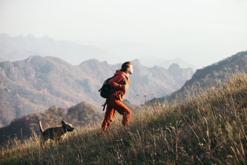 Woman walking dog on a hike uphill