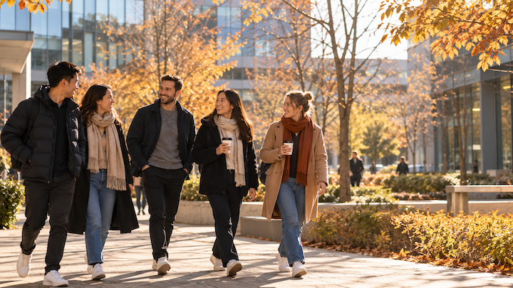 Coworkers walking together on a crisp late-November morning before the Thanksgiving holiday