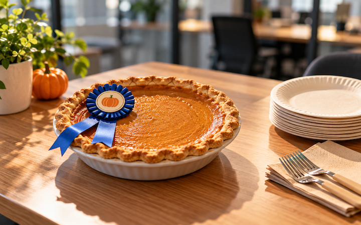A homemade pumpkin pie with a small ribbon on it, the prize for the winning team in an office turkey trot