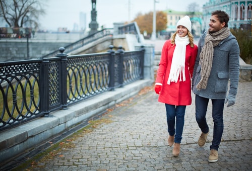 Couple going for a city walk in winter