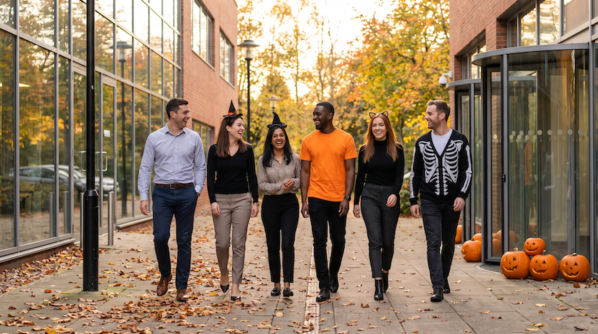 Employees walking a costume mile during a Walktober Halloween finale