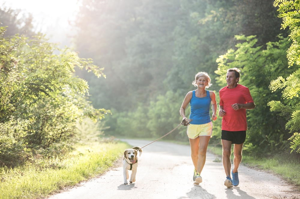 Senior couple walking dog in nature
