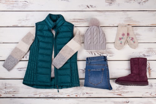 Winter walking outfit shoes and gloves