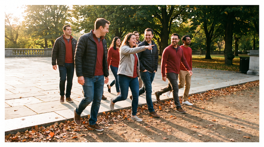 Office walking team heading into an autumn park path as their challenge continues into Walktober