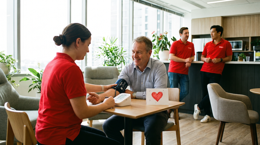 Employee getting a blood pressure check at a World Heart Day office wellness station