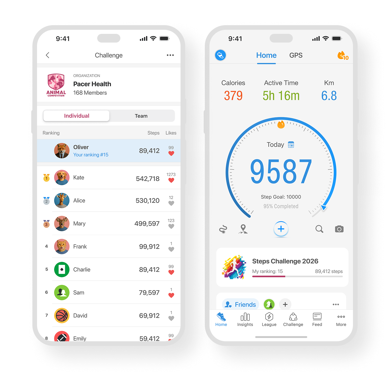 Pacer for Teams leaderboard showing team rankings in a workplace step challenge