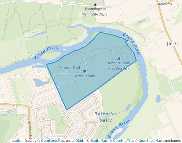 walking in Kiwanis Park map in Kitchener