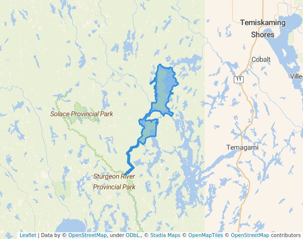 walking in Obabika River Provincial Park map in Temagami