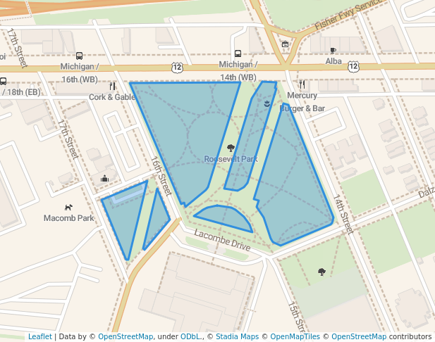 walking in Roosevelt Park map in Detroit