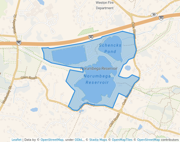 walking in Norumbega Reservoir map in Weston