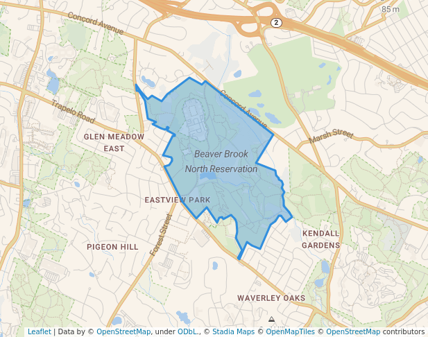 walking in Beaver Brook North Reservation map in Waltham