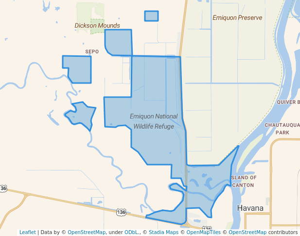 walking in Emiquon National Wildlife Refuge map in Lewistown