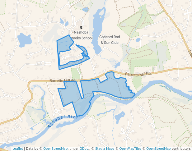 walking in Barrett's Mill Conservation Land map in Concord