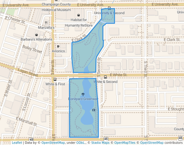 walking in Boneyard Greenway map in Champaign