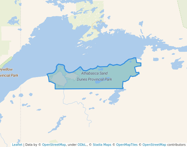 walking in Athabasca Sand Dunes Provincial Park map in Uranium City
