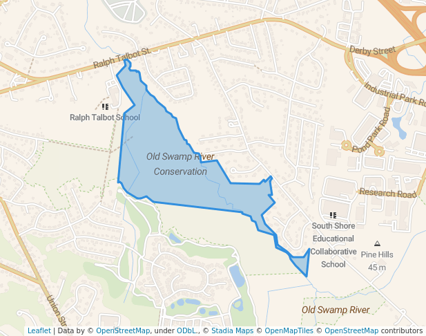 walking in Old Swamp River Conservation map in Weymouth