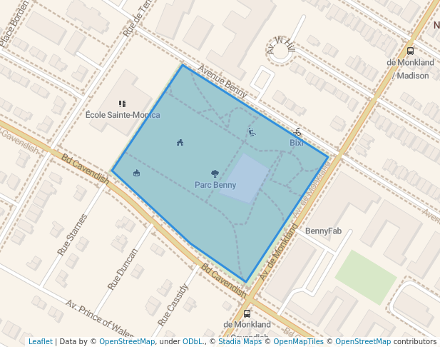 walking in Parc Benny map in Montreal