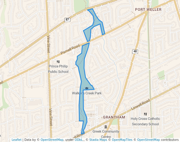walking in Walker's Creek Park map in St. Catharines