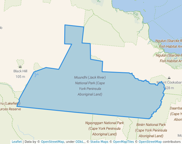 walking in Muundhi (Jack River) National Park (Cape York Peninsula Aboriginal Land) map in Degarra
