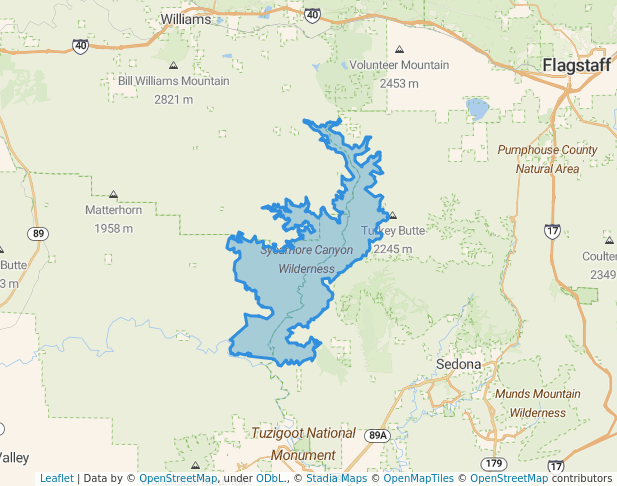 walking in Sycamore Canyon Wilderness map in Williams