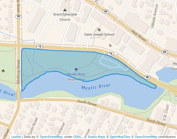 walking in Mystic River Reservation map in Medford
