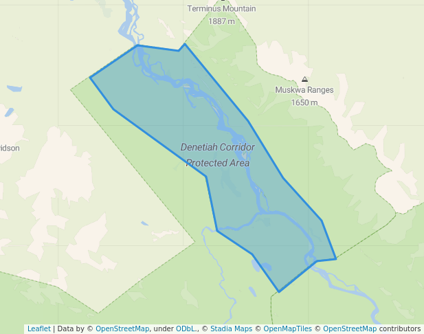 walking in Denetiah Corridor Protected Area map in Muncho Lake